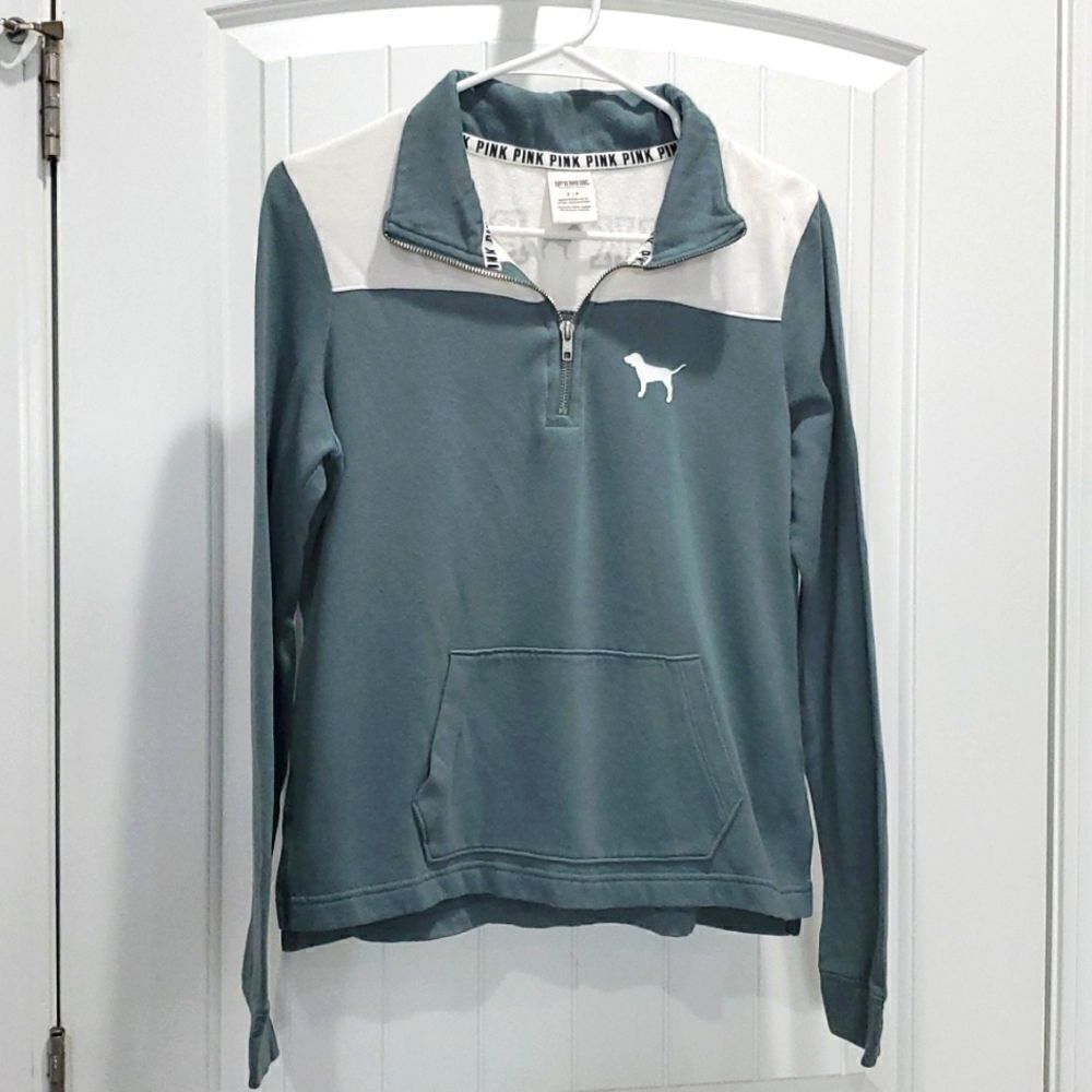 VS PINK Women's  Sage Green/White Quarter Zip Jacket,Size Small